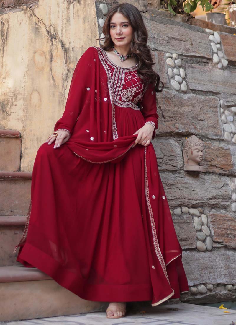 Prazu Fashion Maroon Georgette Embroidered Sequence Gown With Dupatta | Grocsy