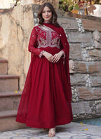 Prazu Fashion Maroon Georgette Embroidered Sequence Gown With Dupatta | Grocsy