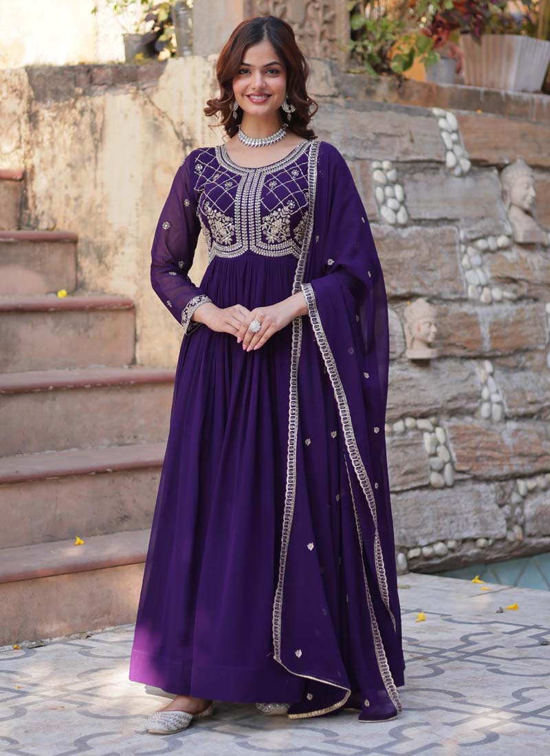Prazu Fashion Purple Georgette Embroidered Sequence Gown With Dupatta | Grocsy