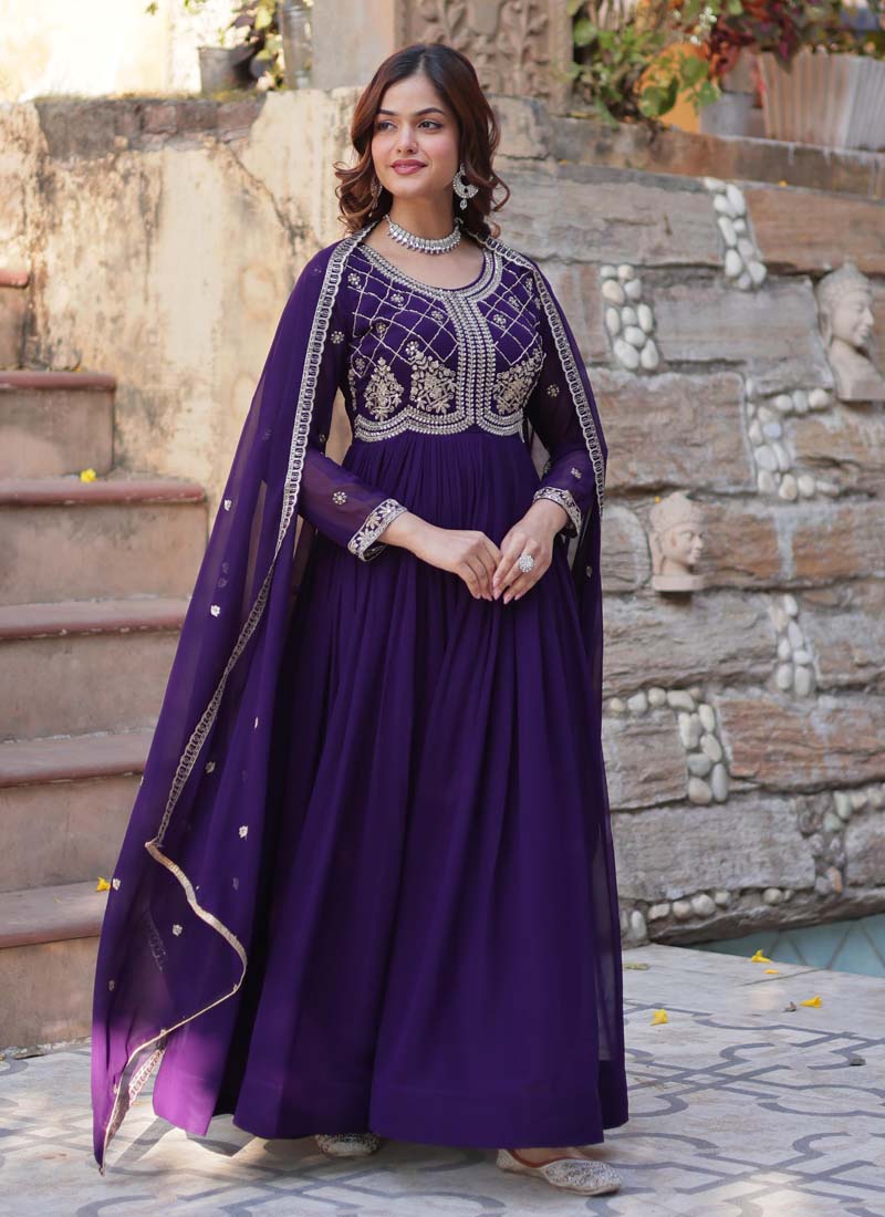 Prazu Fashion Purple Georgette Embroidered Sequence Gown With Dupatta | Grocsy