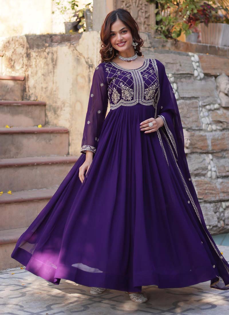 Prazu Fashion Purple Georgette Embroidered Sequence Gown With Dupatta | Grocsy