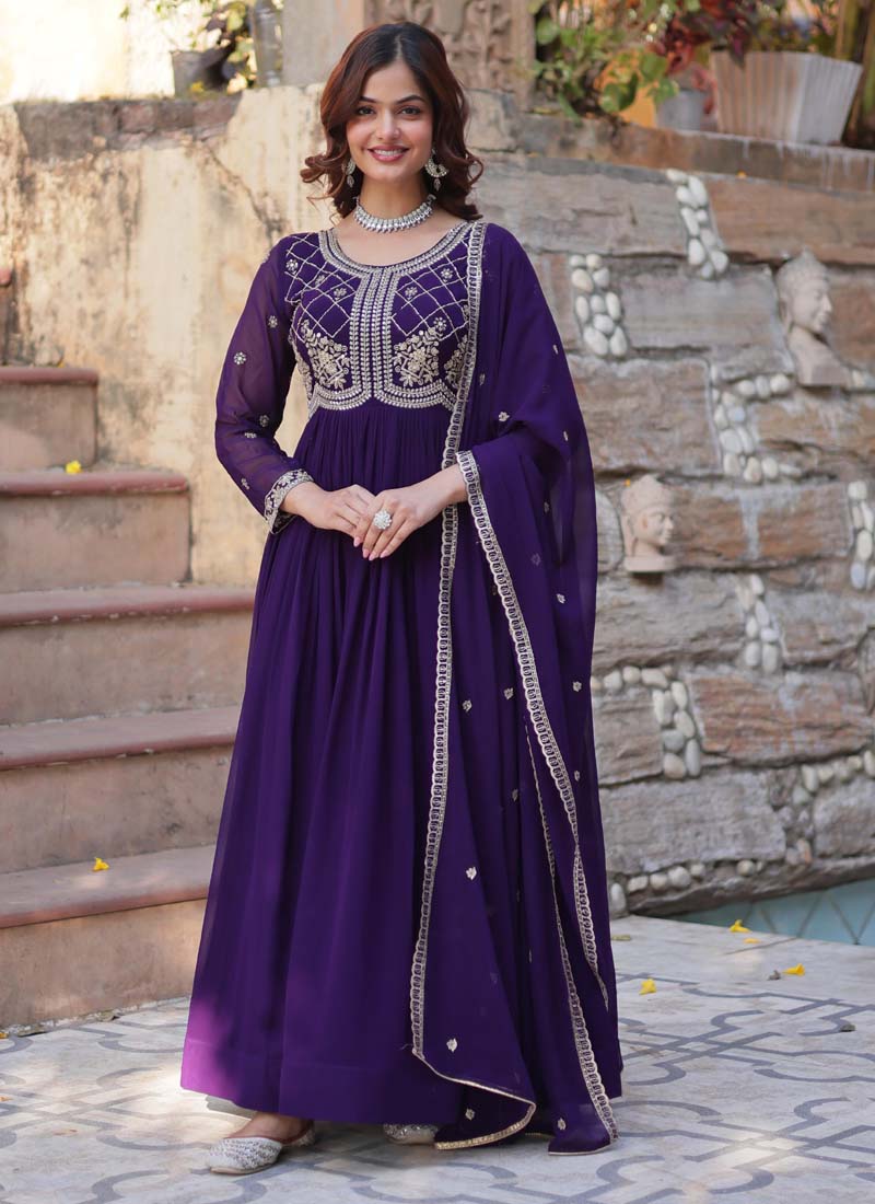 Prazu Fashion Purple Georgette Embroidered Sequence Gown With Dupatta | Grocsy