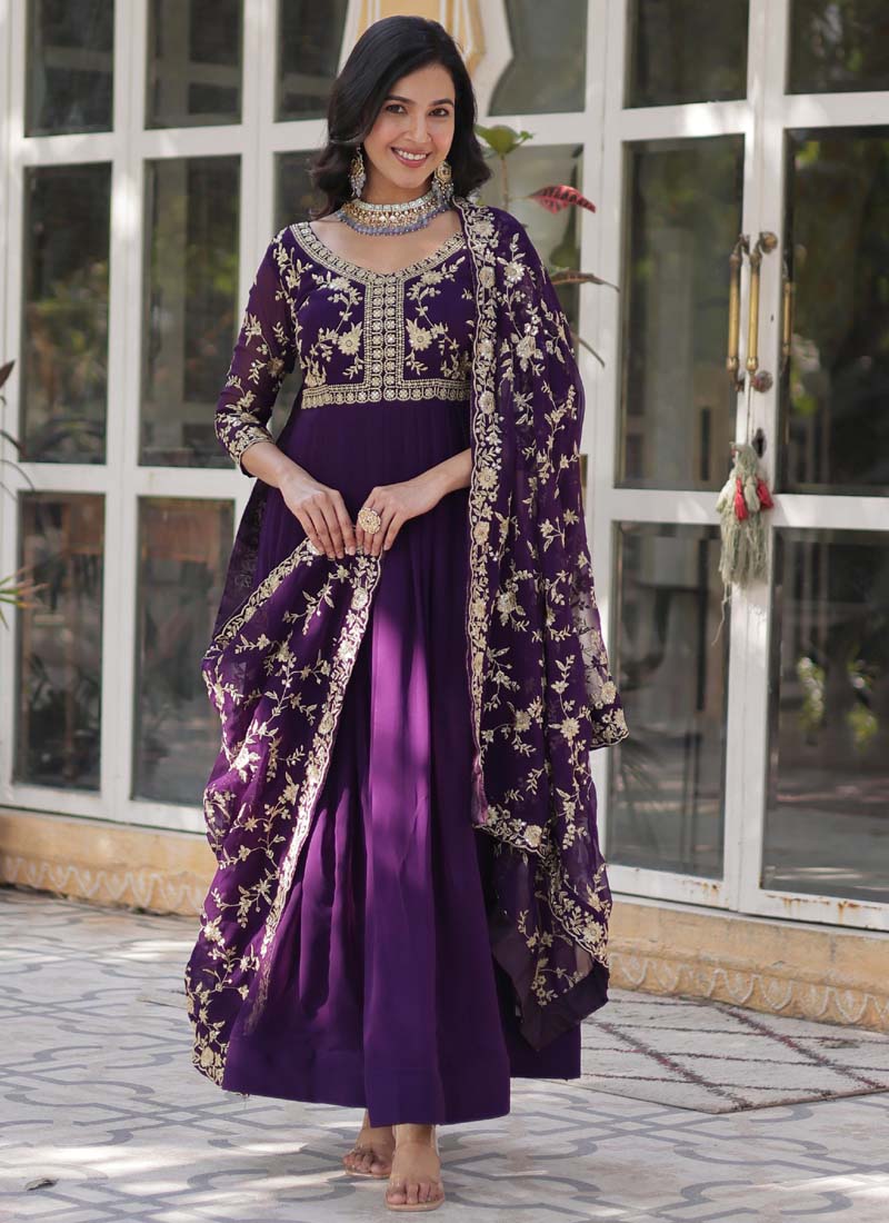 Prazu Fashion Purple Georgette Embroidered Sequence Gown With Dupatta | Grocsy