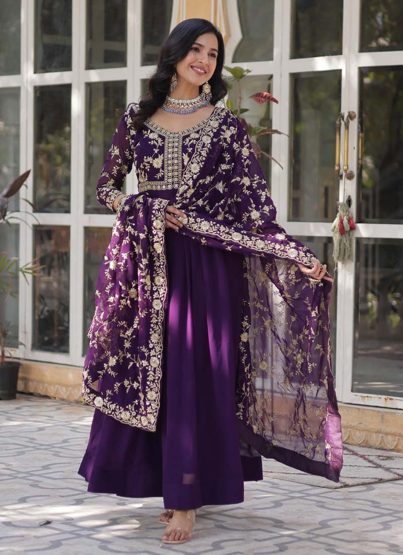 Prazu Fashion Purple Georgette Embroidered Sequence Gown With Dupatta | Grocsy
