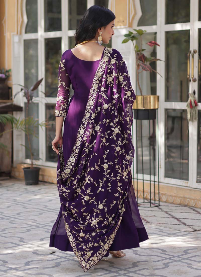 Prazu Fashion Purple Georgette Embroidered Sequence Gown With Dupatta | Grocsy