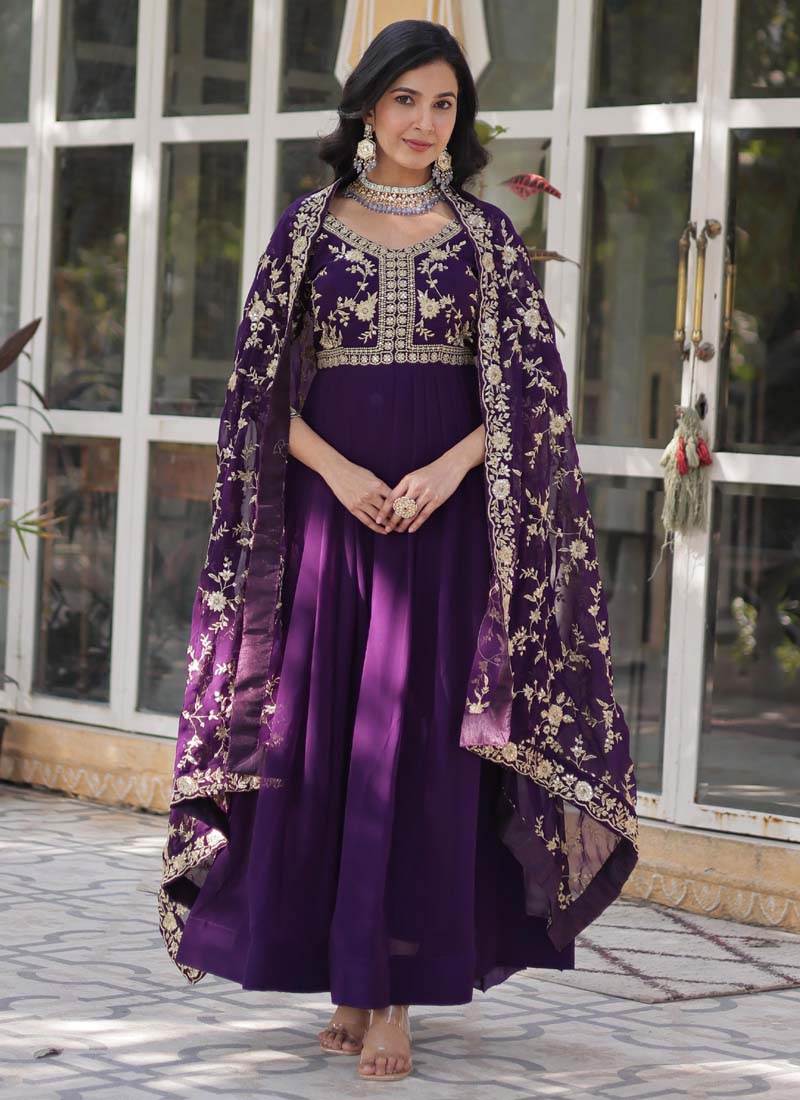 Prazu Fashion Purple Georgette Embroidered Sequence Gown With Dupatta | Grocsy