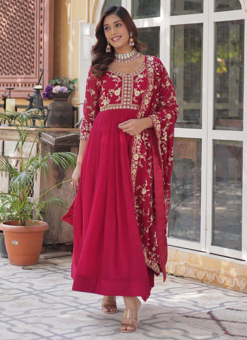 Prazu Fashion Red Georgette Embroidered Sequence Gown With Dupatta | Grocsy
