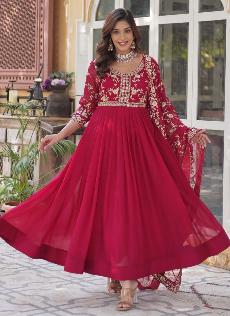 Prazu Fashion Red Georgette Embroidered Sequence Gown With Dupatta | Grocsy