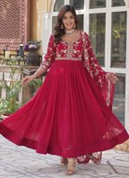 Prazu Fashion Red Georgette Embroidered Sequence Gown With Dupatta | Grocsy