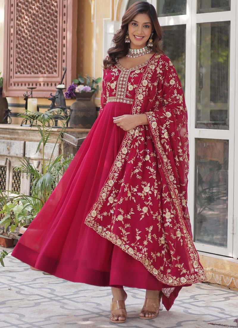 Prazu Fashion Red Georgette Embroidered Sequence Gown With Dupatta | Grocsy