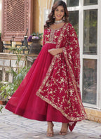 Prazu Fashion Red Georgette Embroidered Sequence Gown With Dupatta | Grocsy
