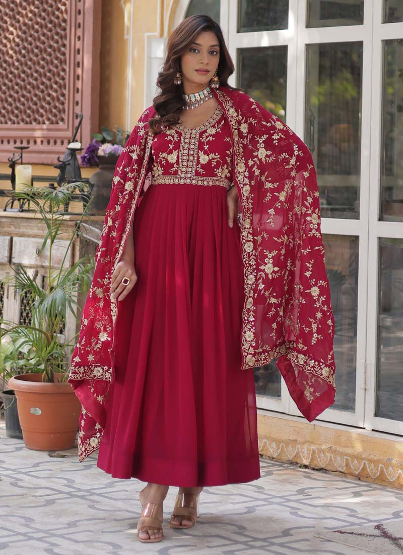 Prazu Fashion Red Georgette Embroidered Sequence Gown With Dupatta | Grocsy