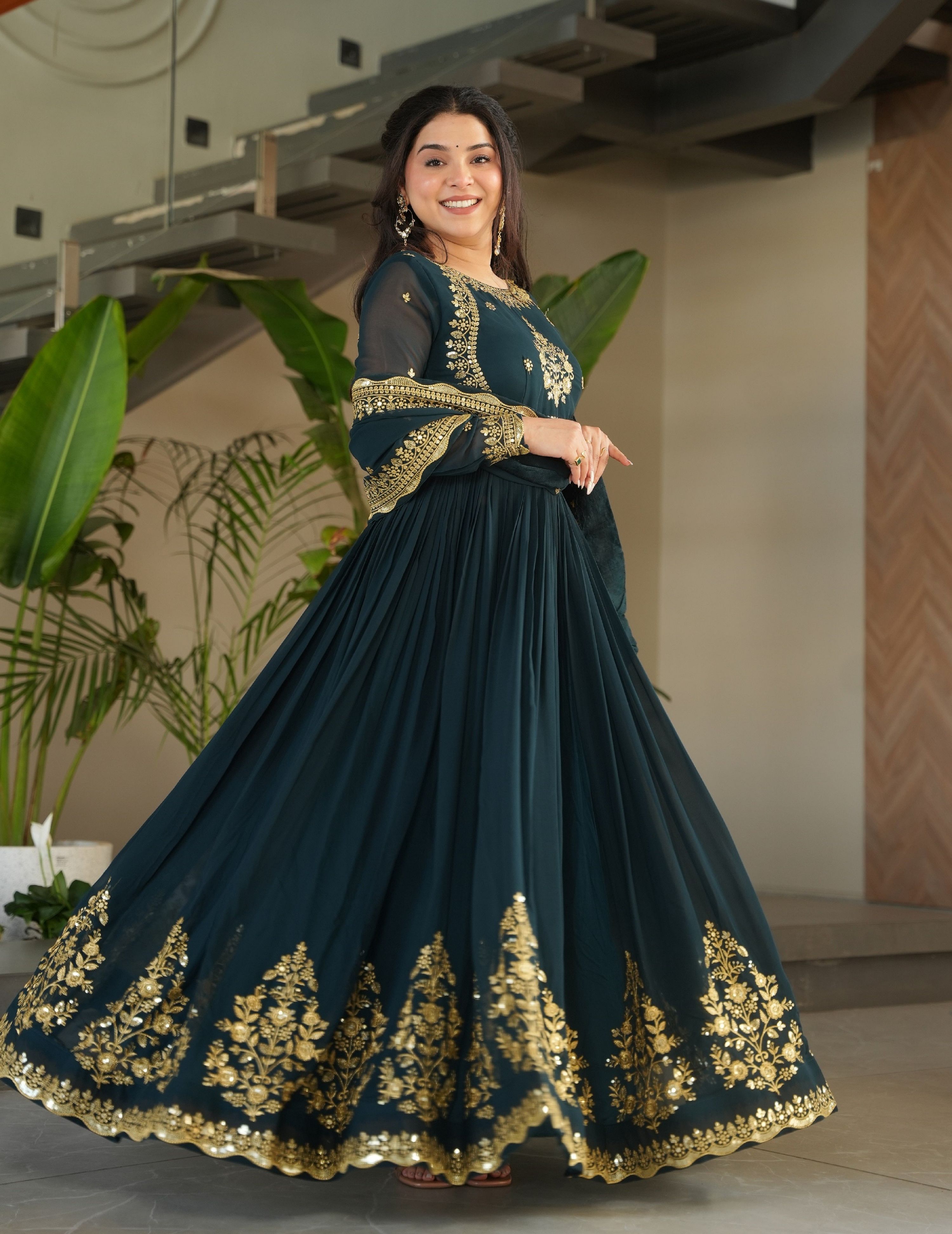 Vedant Vastram Georgette Embroidery & Sequence Work Stitched Ethnic Gown-Rama | Grocsy