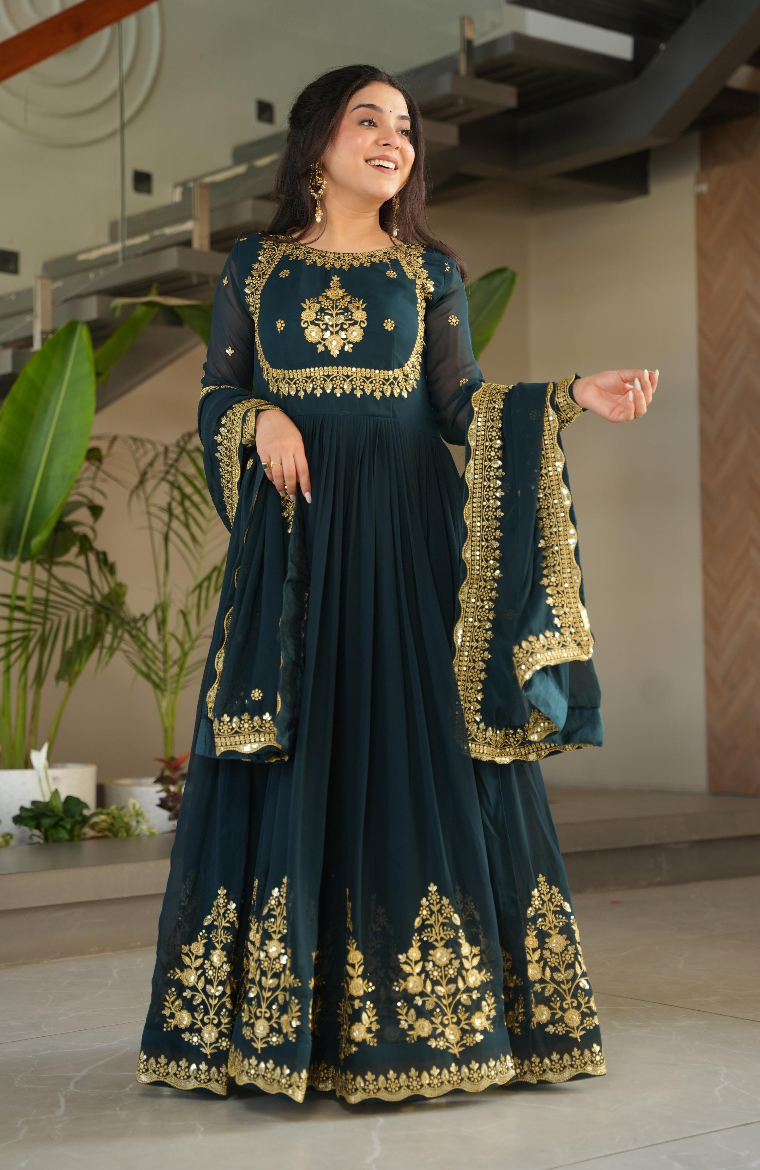 Vedant Vastram Georgette Embroidery & Sequence Work Stitched Ethnic Gown-Rama | Grocsy