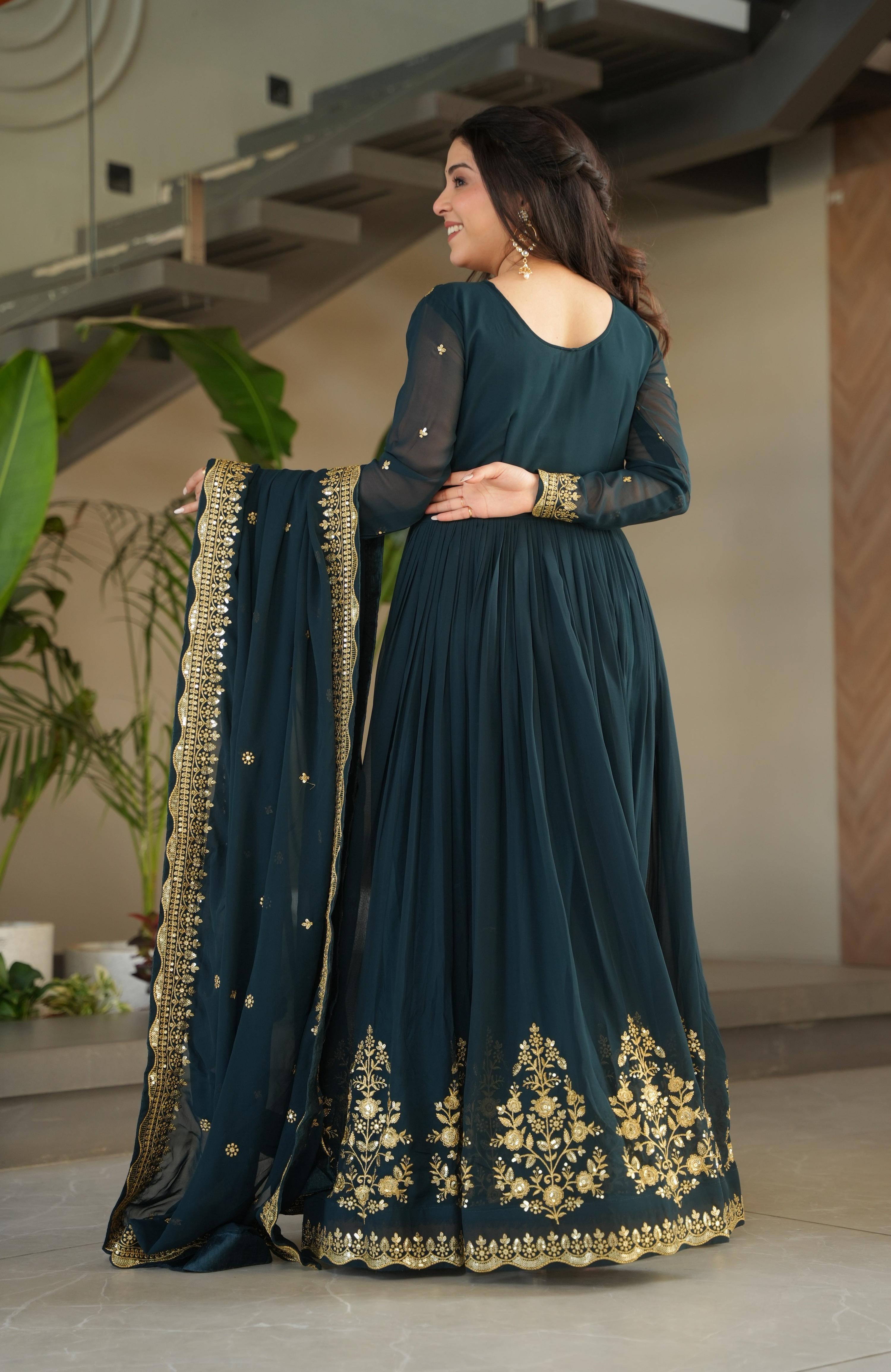 Vedant Vastram Georgette Embroidery & Sequence Work Stitched Ethnic Gown-Rama | Grocsy