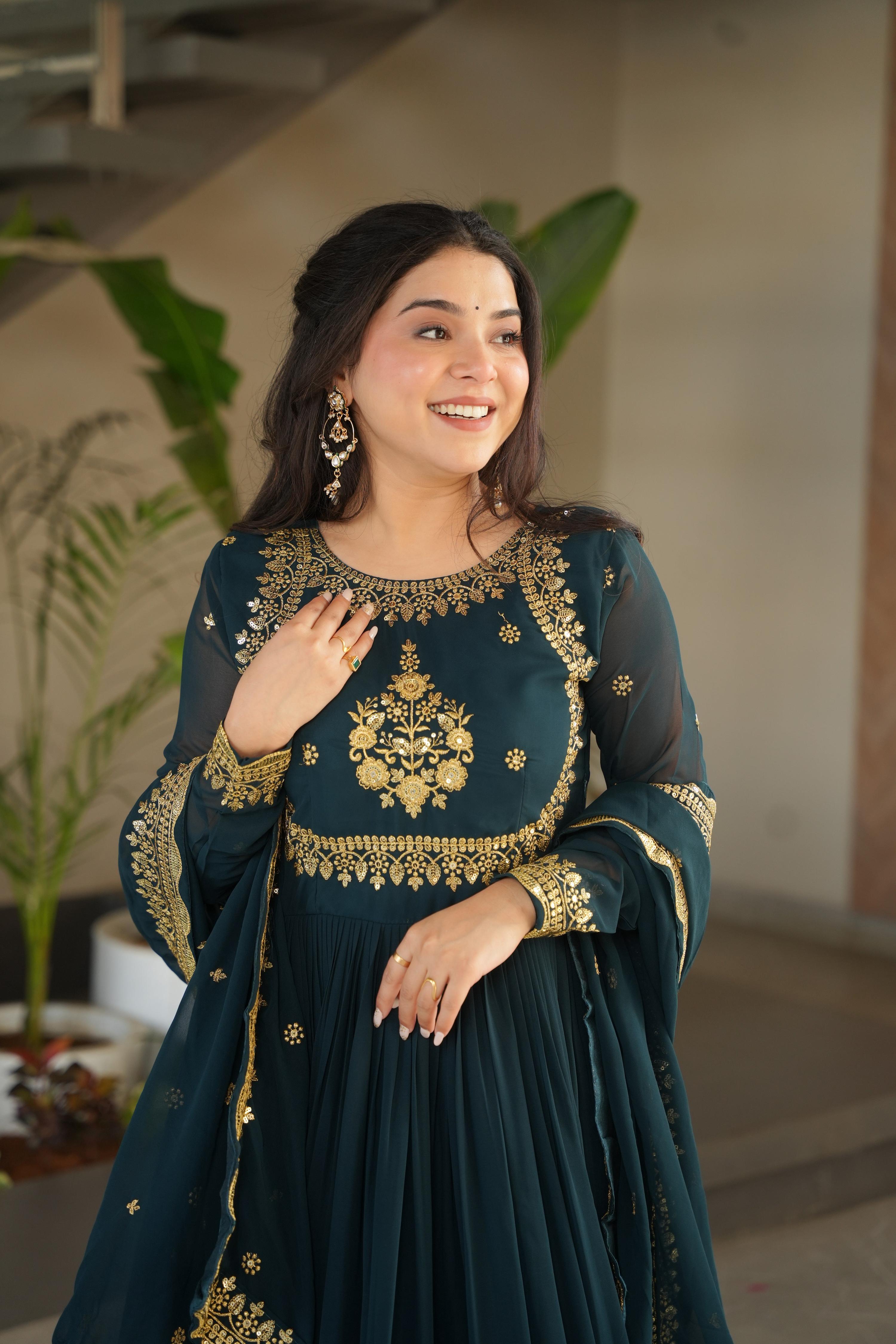 Vedant Vastram Georgette Embroidery & Sequence Work Stitched Ethnic Gown-Rama | Grocsy