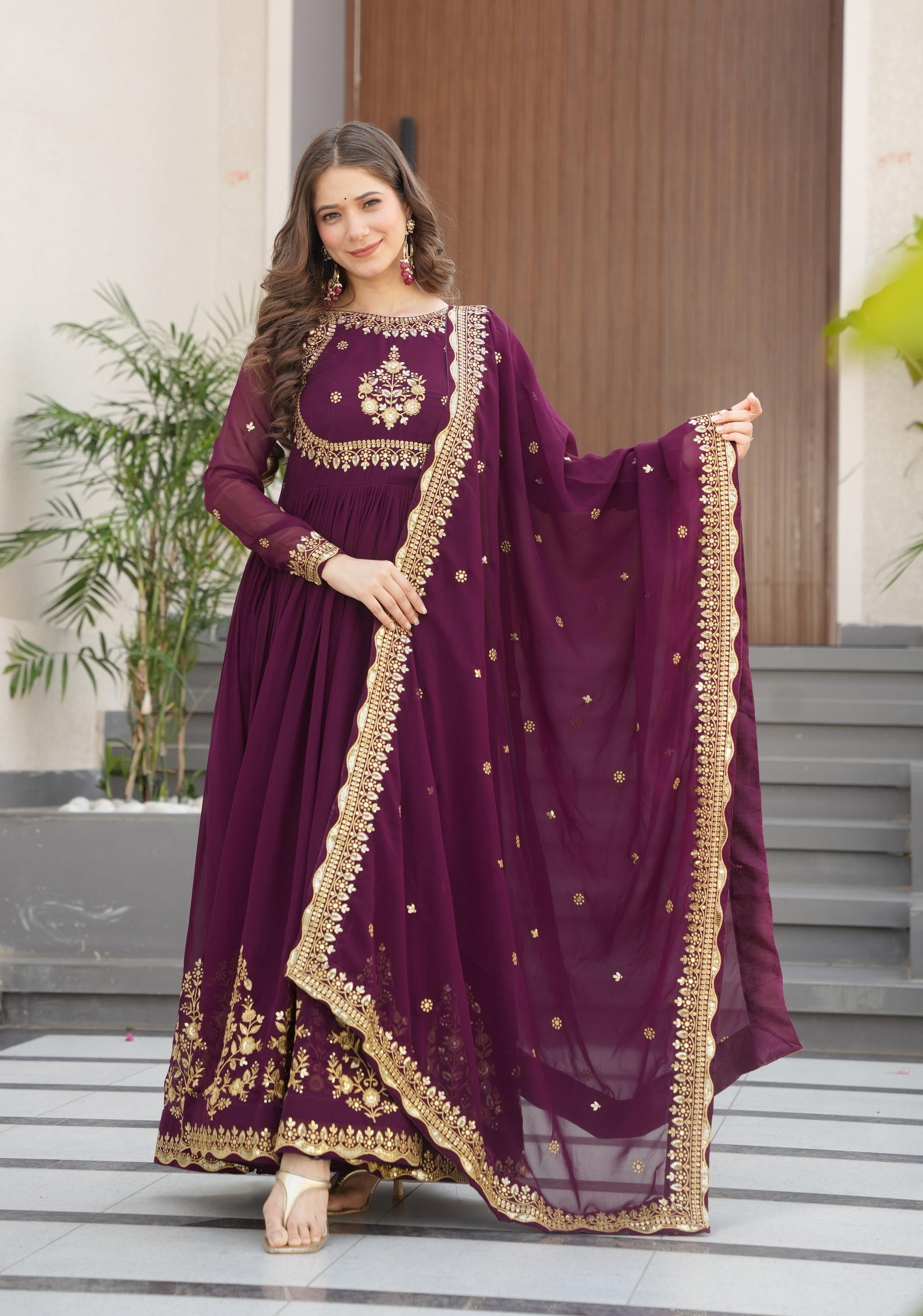 Vedant Vastram Georgette Embroidery & Sequence Work Stitched Ethnic Gown-Wine | Grocsy