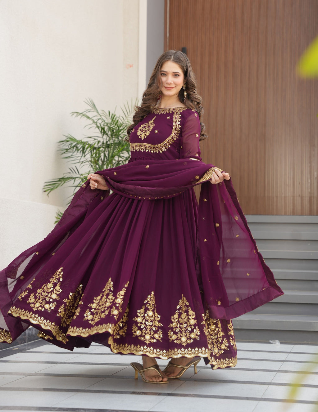Vedant Vastram Georgette Embroidery & Sequence Work Stitched Ethnic Gown-Wine | Grocsy