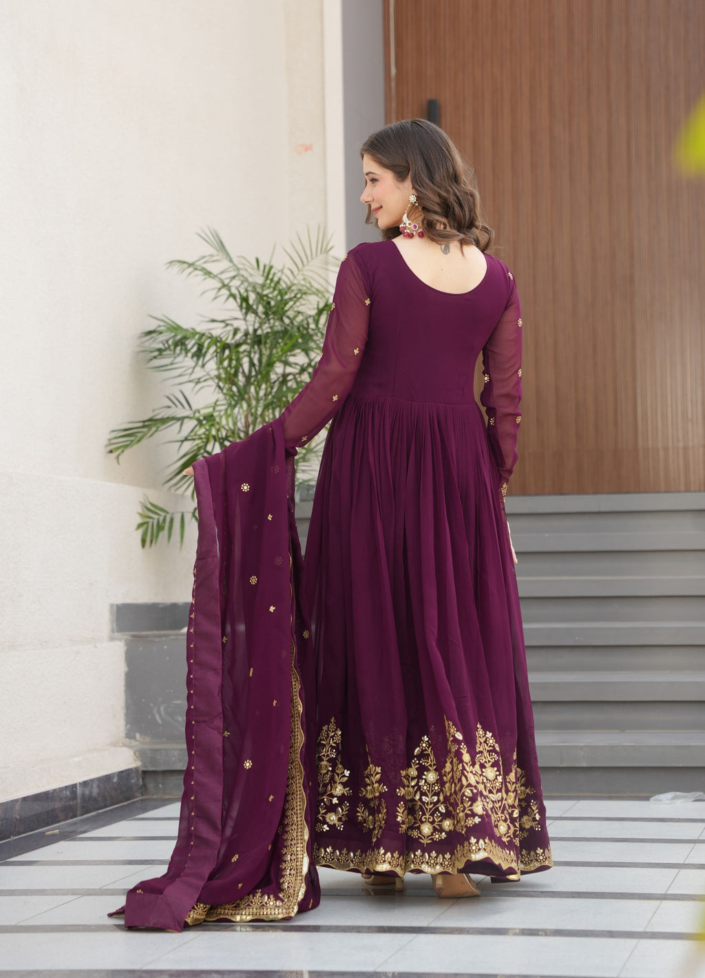 Vedant Vastram Georgette Embroidery & Sequence Work Stitched Ethnic Gown-Wine | Grocsy