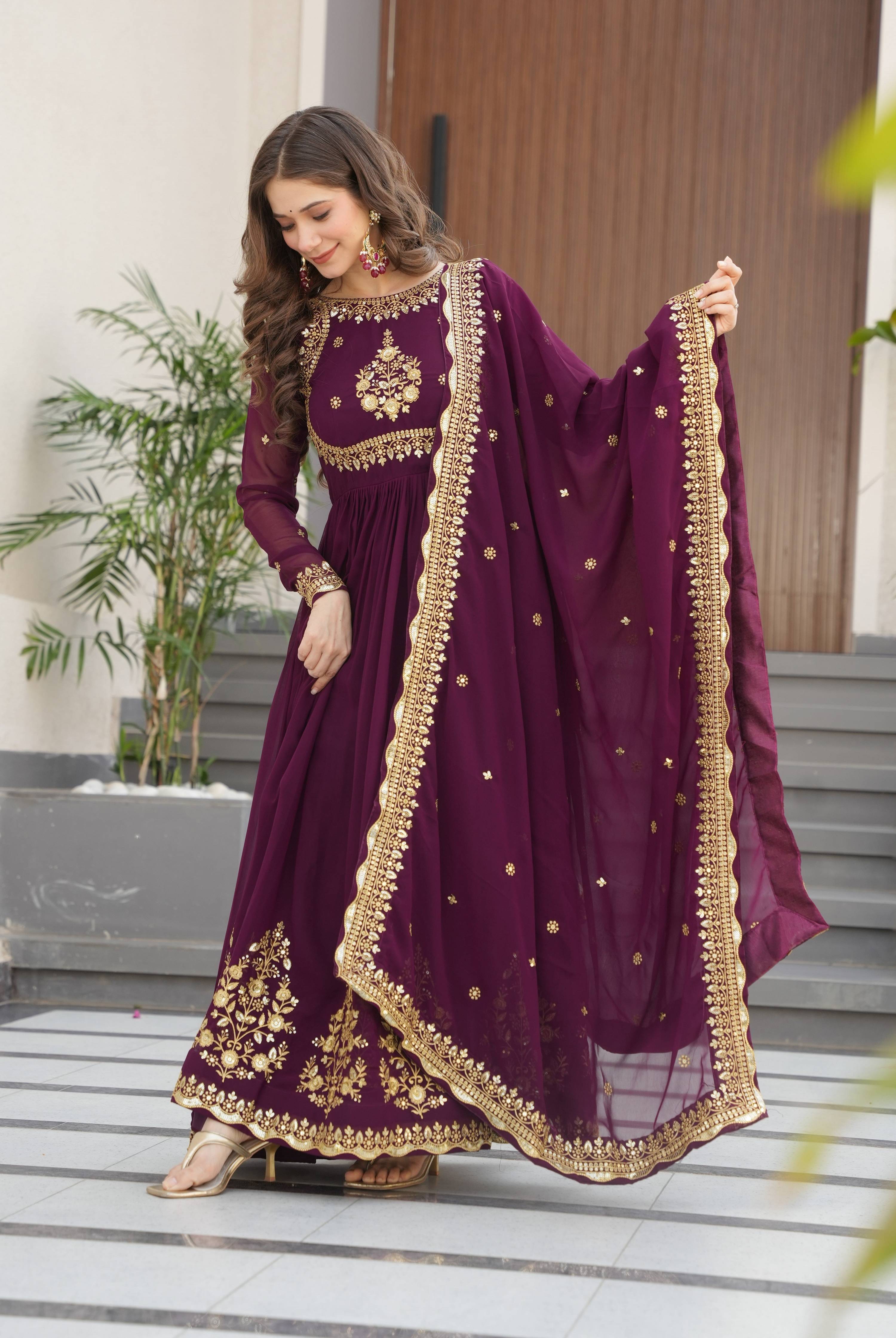 Vedant Vastram Georgette Embroidery & Sequence Work Stitched Ethnic Gown-Wine | Grocsy