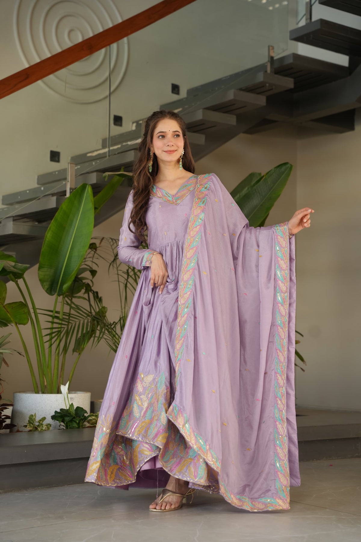 Prazu Fashion Lavender Chinon Silk Sequence Gown With Dupatta | Grocsy