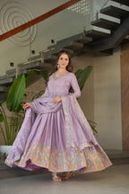 Prazu Fashion Lavender Chinon Silk Sequence Gown With Dupatta | Grocsy