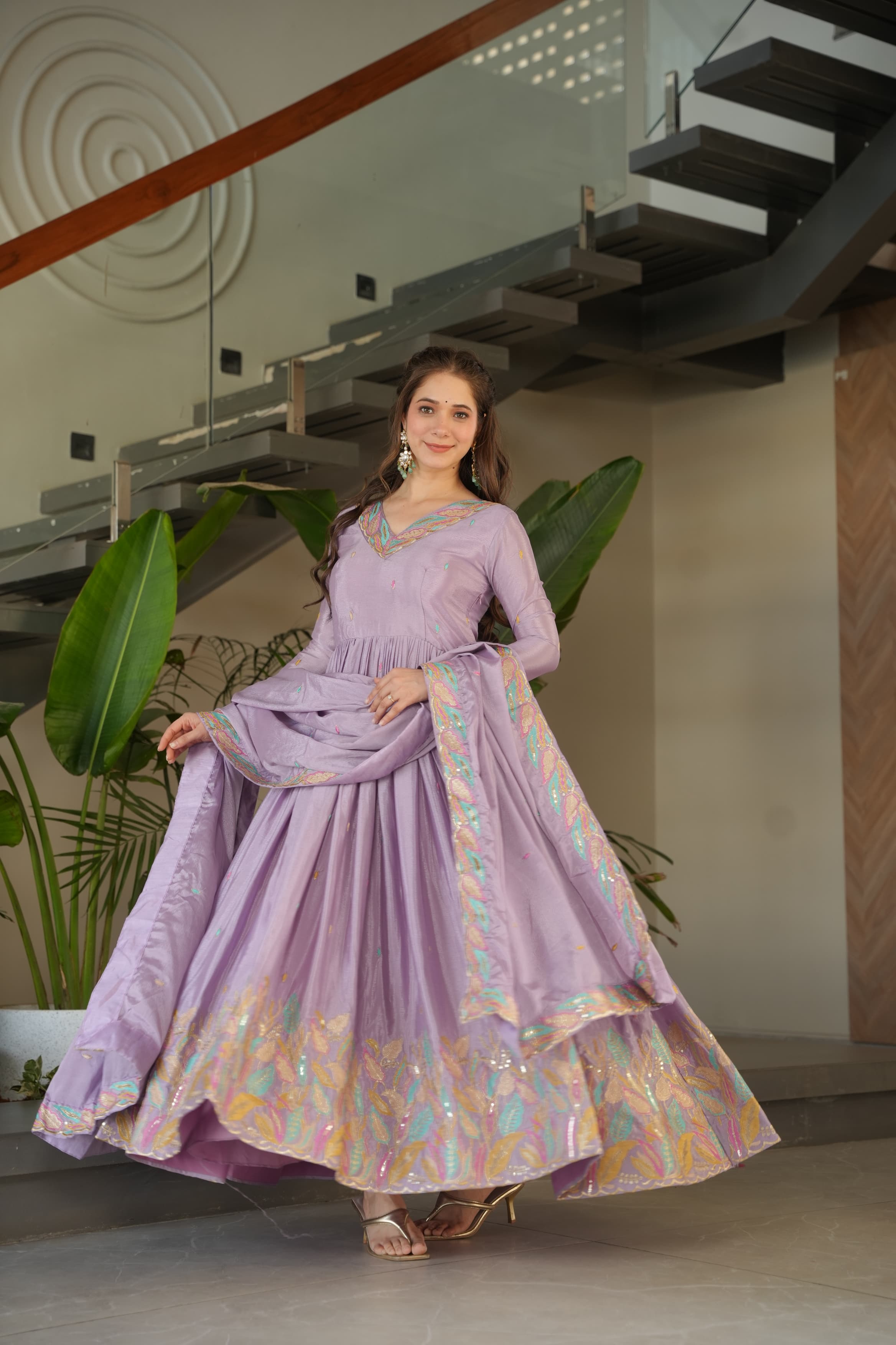 Prazu Fashion Lavender Chinon Silk Sequence Gown With Dupatta | Grocsy