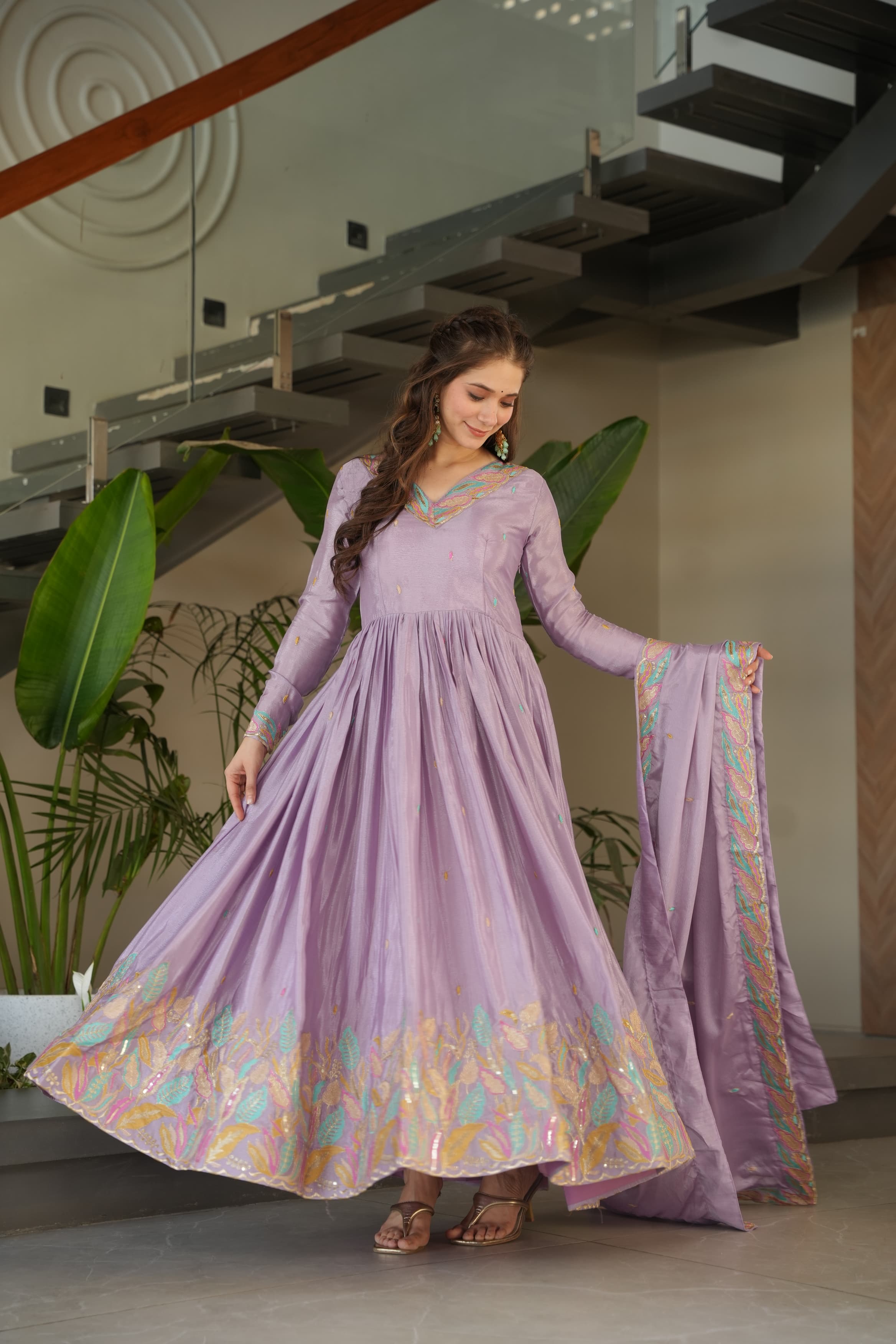 Prazu Fashion Lavender Chinon Silk Sequence Gown With Dupatta | Grocsy