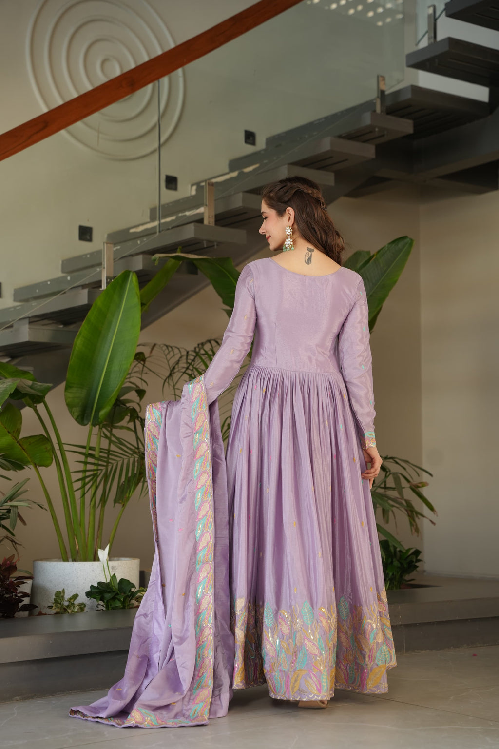 Prazu Fashion Lavender Chinon Silk Sequence Gown With Dupatta | Grocsy