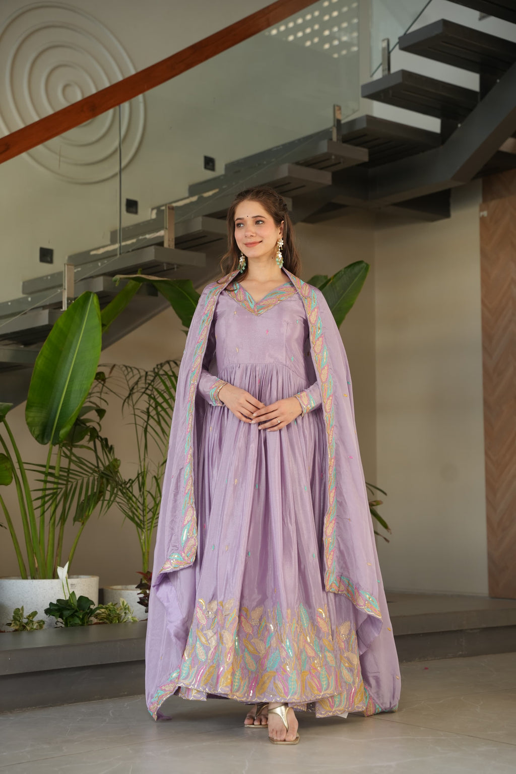 Prazu Fashion Lavender Chinon Silk Sequence Gown With Dupatta | Grocsy