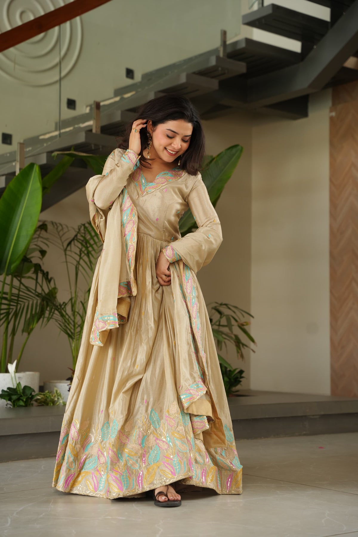 Prazu Fashion Off White Chinon Silk Sequence Gown With Dupatta | Grocsy