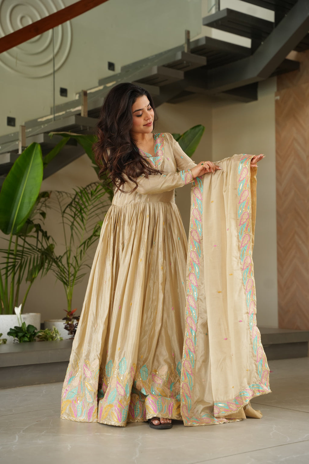 Prazu Fashion Off White Chinon Silk Sequence Gown With Dupatta | Grocsy