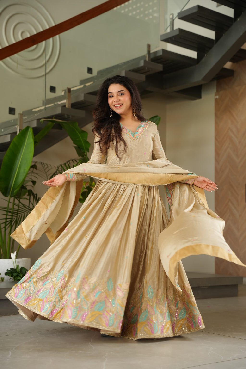 Prazu Fashion Off White Chinon Silk Sequence Gown With Dupatta | Grocsy