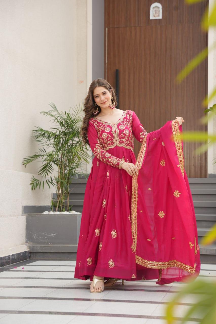 Prazu Fashion Pink Georgette Sequins & Zari Embroidery Gown | Grocsy