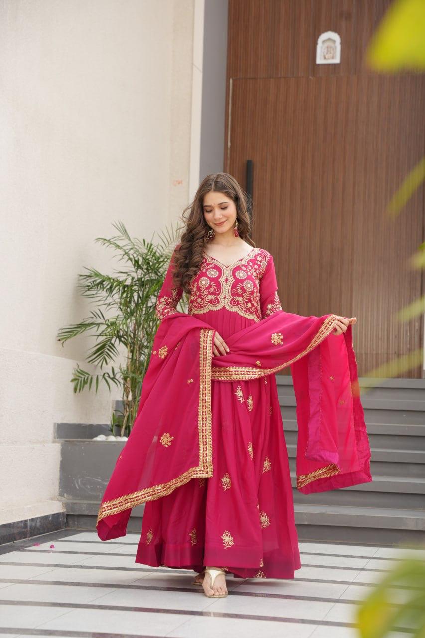 Prazu Fashion Pink Georgette Sequins & Zari Embroidery Gown | Grocsy