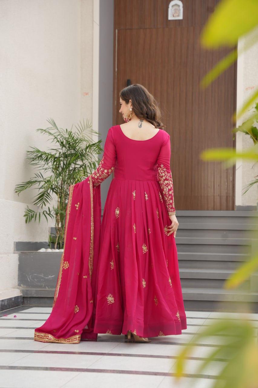Prazu Fashion Pink Georgette Sequins & Zari Embroidery Gown | Grocsy