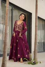 Prazu Fashion Wine Georgette Sequins & Zari Embroidery Gown | Grocsy