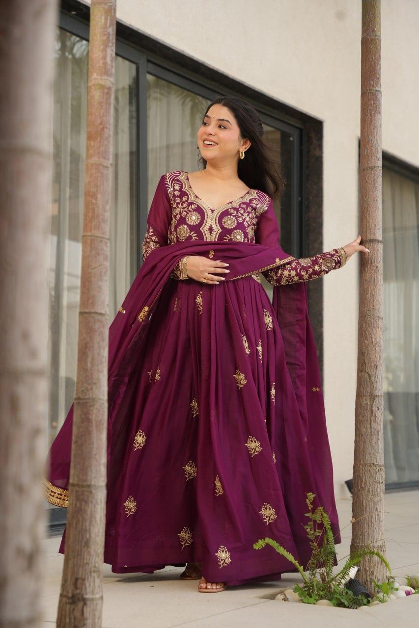 Prazu Fashion Wine Georgette Sequins & Zari Embroidery Gown | Grocsy