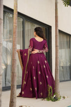Prazu Fashion Wine Georgette Sequins & Zari Embroidery Gown | Grocsy