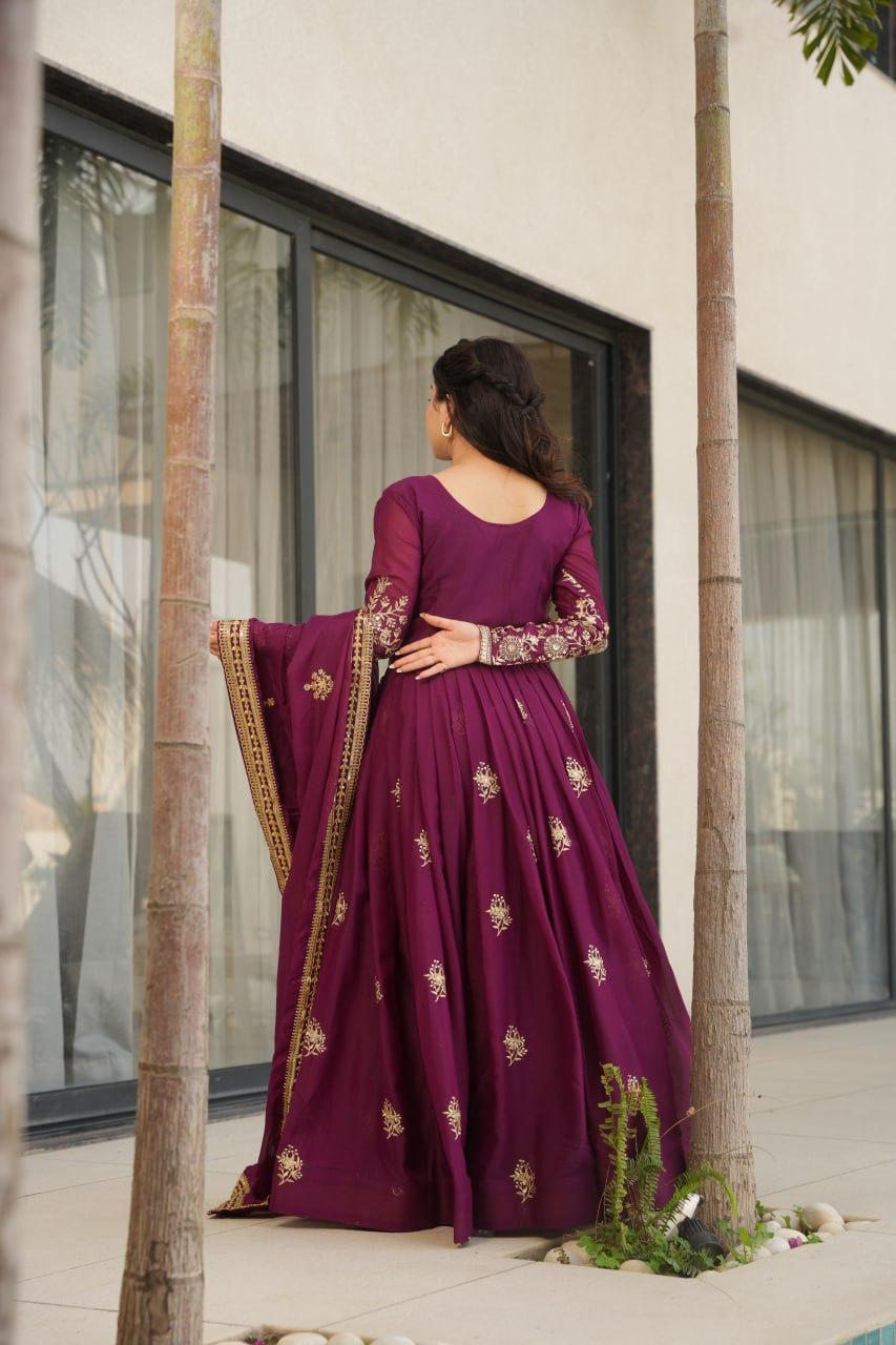 Prazu Fashion Wine Georgette Sequins & Zari Embroidery Gown | Grocsy