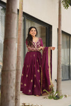 Prazu Fashion Wine Georgette Sequins & Zari Embroidery Gown | Grocsy