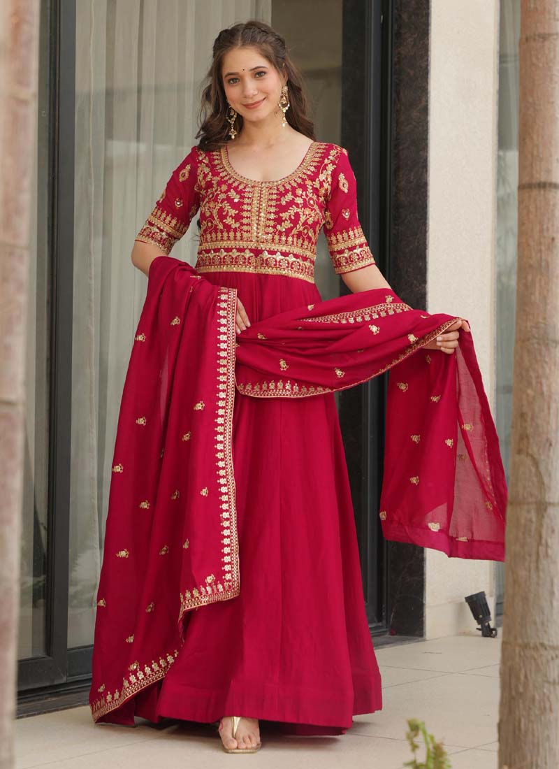 Prazu Fashion Red Vichitra Silk Embroidered Sequence Gown With Dupatta | Grocsy