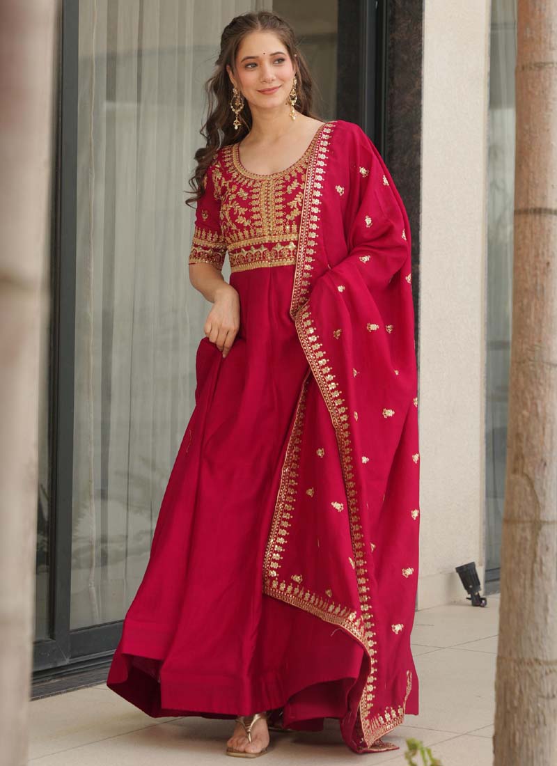 Prazu Fashion Red Vichitra Silk Embroidered Sequence Gown With Dupatta | Grocsy