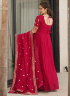 Prazu Fashion Red Vichitra Silk Embroidered Sequence Gown With Dupatta | Grocsy