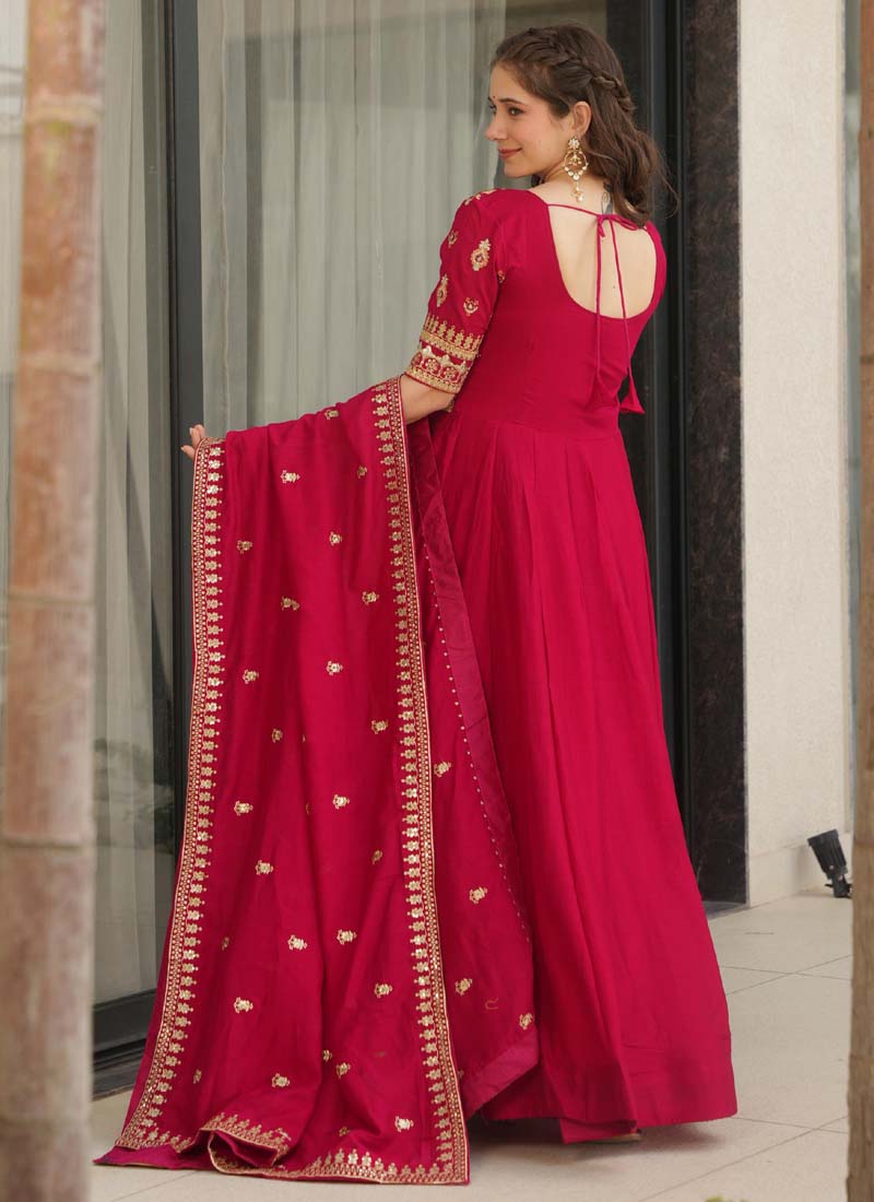 Prazu Fashion Red Vichitra Silk Embroidered Sequence Gown With Dupatta | Grocsy