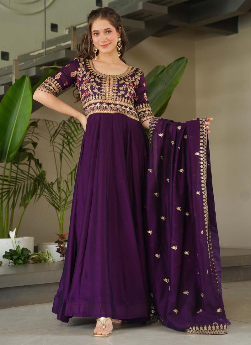 Prazu Fashion Violet Vichitra Silk Embroidered Sequence Gown With Dupatta | Grocsy