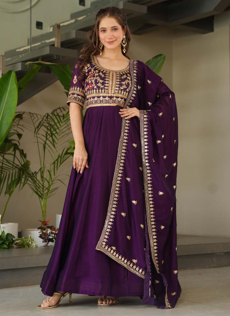 Prazu Fashion Violet Vichitra Silk Embroidered Sequence Gown With Dupatta | Grocsy