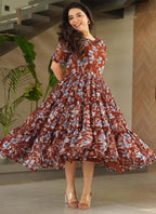 Prazu Fashion Brown Georgette Printed Designer Gown | Grocsy