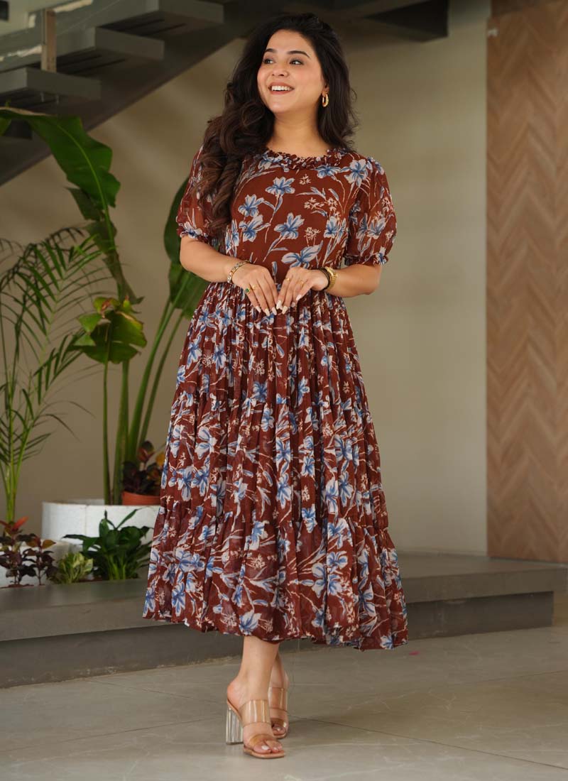 Prazu Fashion Brown Georgette Printed Designer Gown | Grocsy