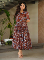 Prazu Fashion Brown Georgette Printed Designer Gown | Grocsy